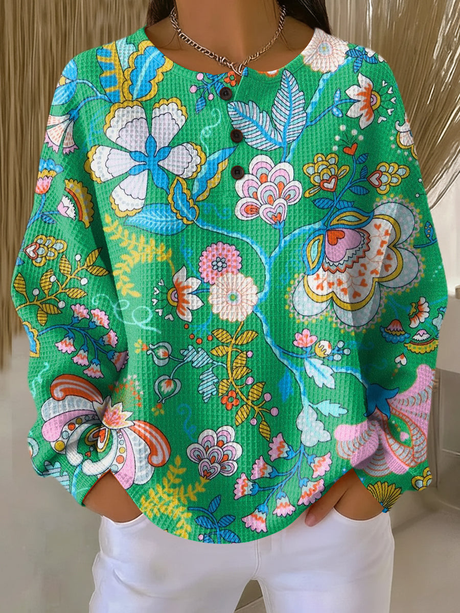 Stephanie | Effortless Floral Print Henley Knit Sweater