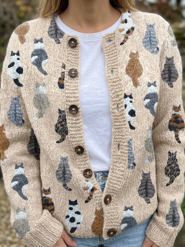 Susan | Cat Print Button Front Knit Cardigan