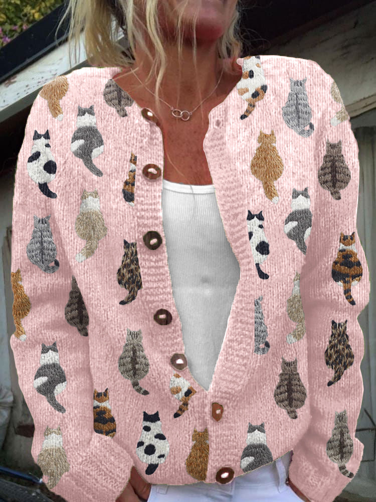 Susan | Cat Print Button Front Knit Cardigan