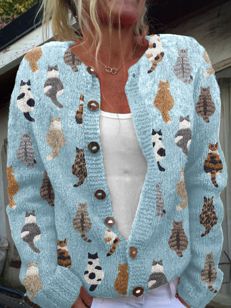 Susan | Cat Print Button Front Knit Cardigan