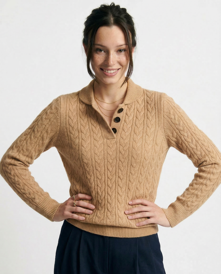 Teresa | Polished Button-Up Cable Knit Sweater with Stand Collar