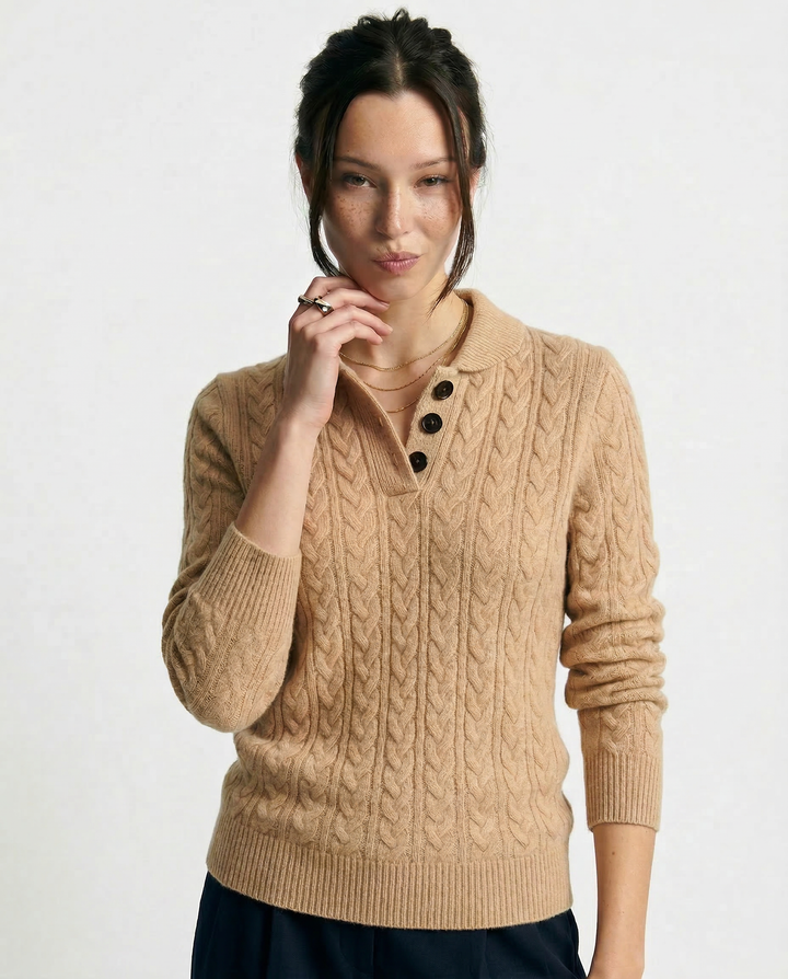 Teresa | Polished Button-Up Cable Knit Sweater with Stand Collar