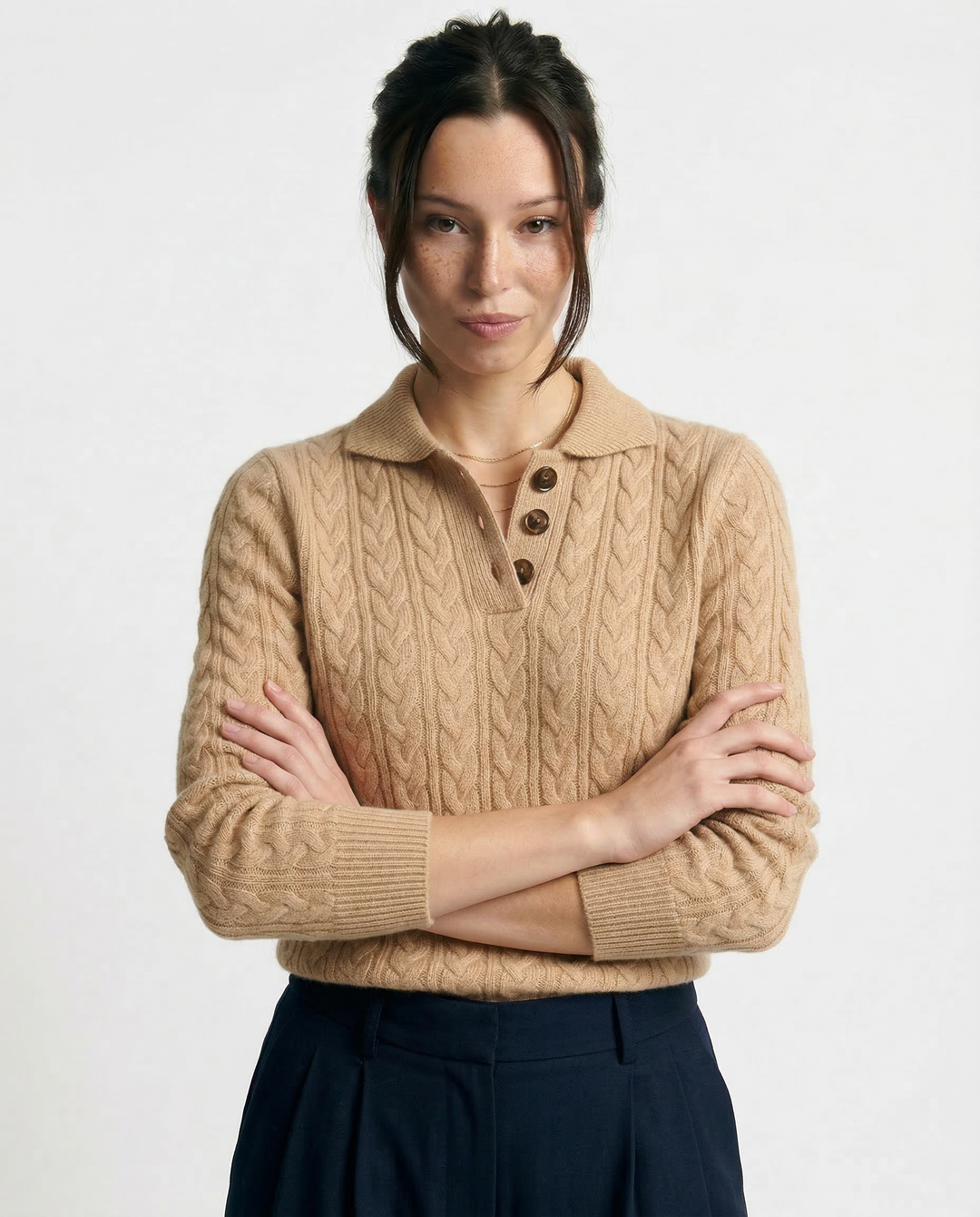 Teresa | Polished Button-Up Cable Knit Sweater with Stand Collar