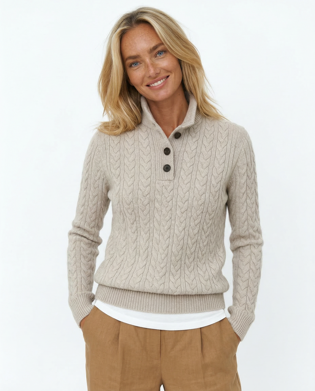 Teresa | Polished Button-Up Cable Knit Sweater with Stand Collar