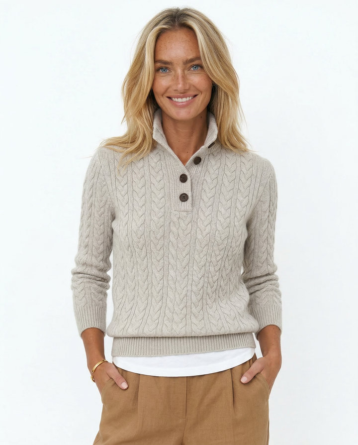 Teresa | Polished Button-Up Cable Knit Sweater with Stand Collar