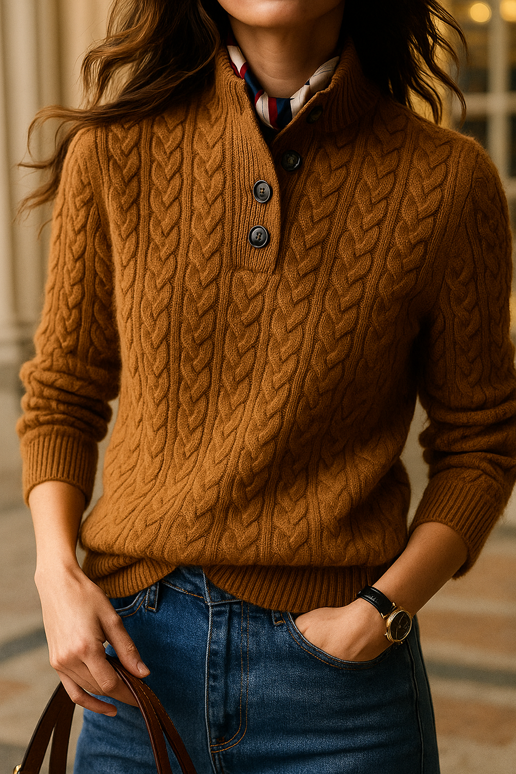 Teresa | Polished Button-Up Cable Knit Sweater with Stand Collar