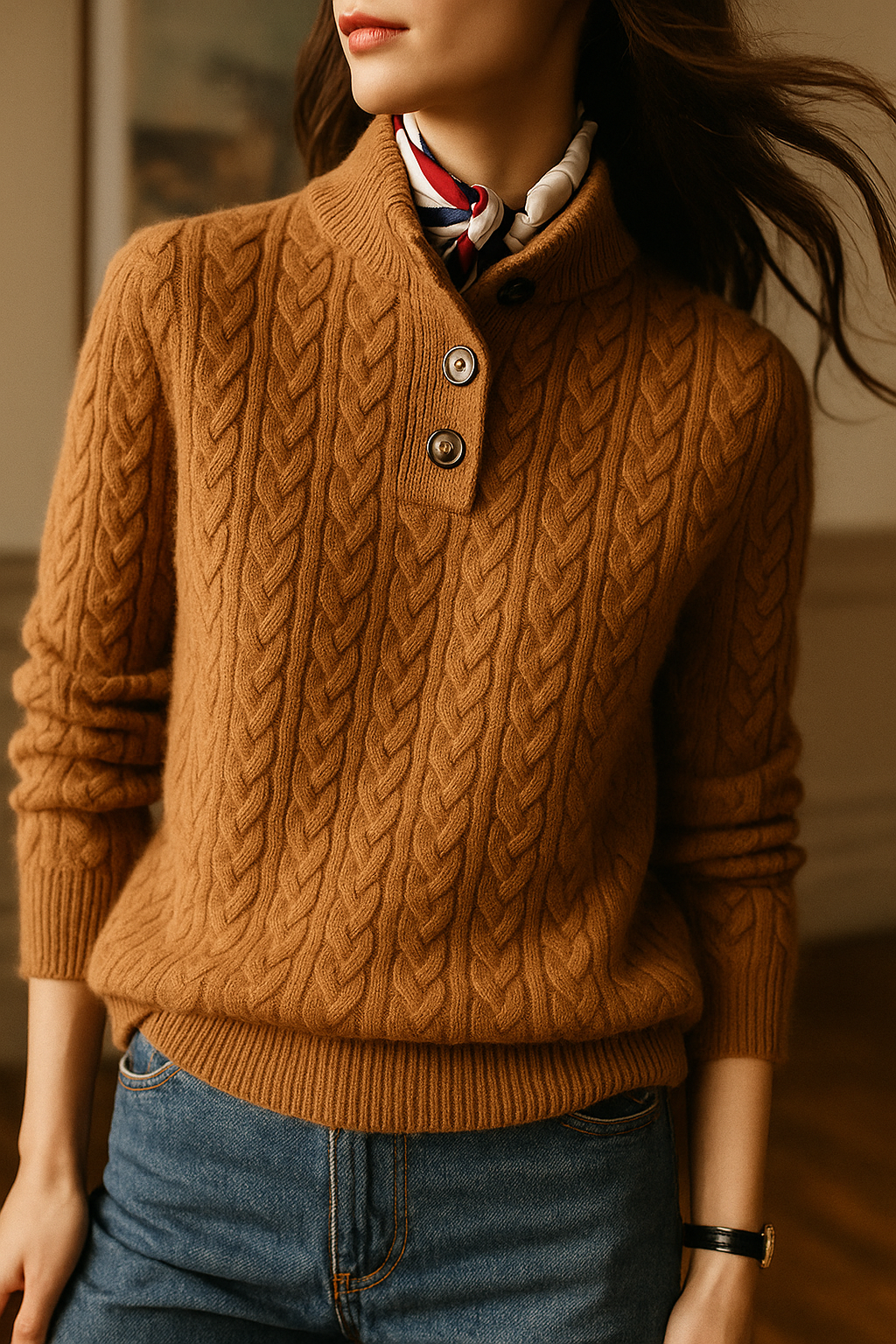 Teresa | Polished Button-Up Cable Knit Sweater with Stand Collar
