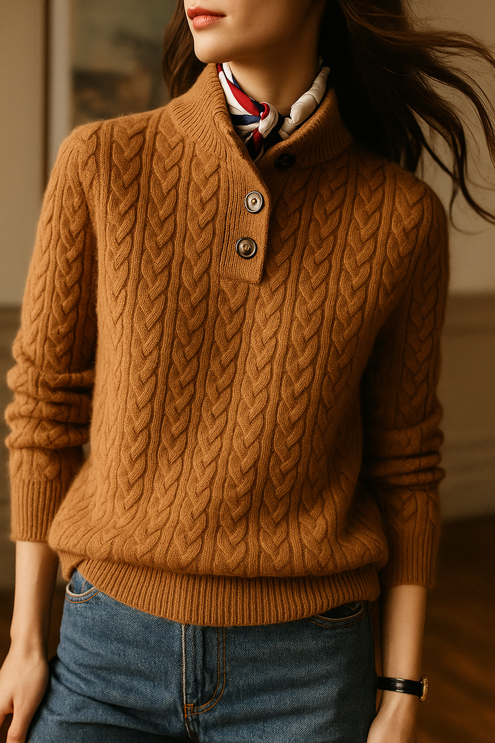 Teresa | Polished Button-Up Cable Knit Sweater with Stand Collar