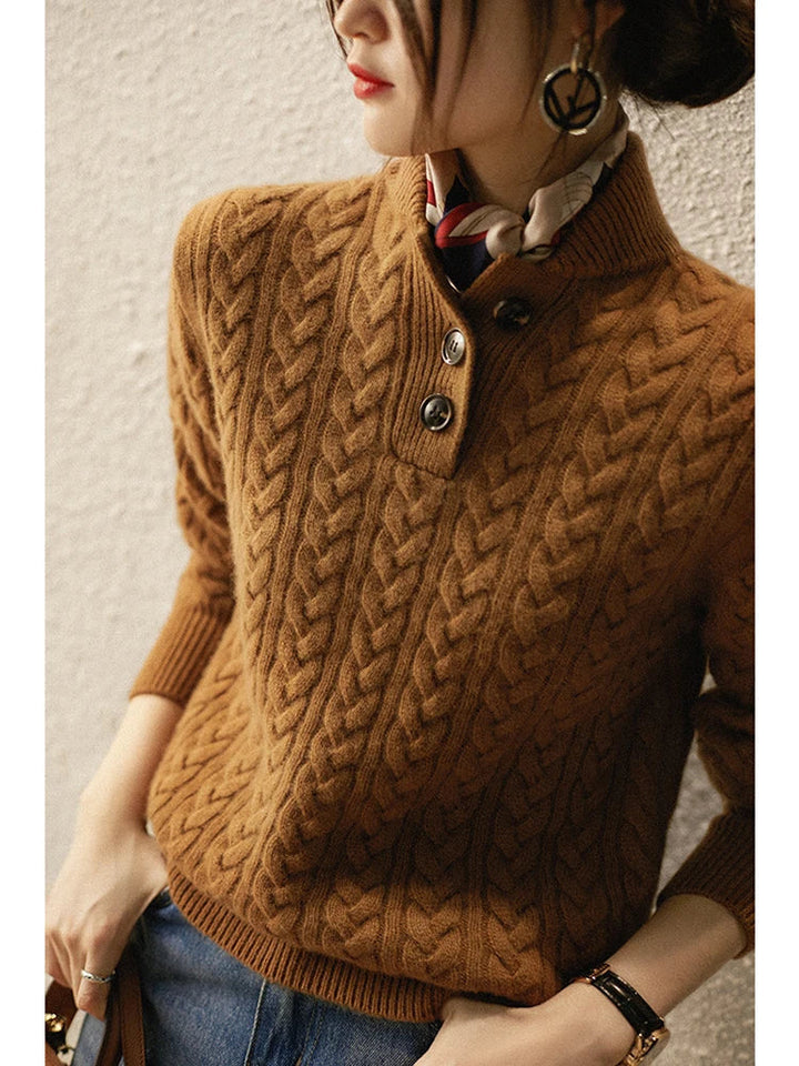 Teresa | Polished Button-Up Cable Knit Sweater with Stand Collar