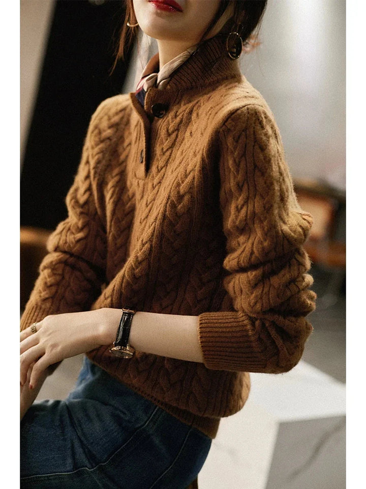 Teresa | Polished Button-Up Cable Knit Sweater with Stand Collar