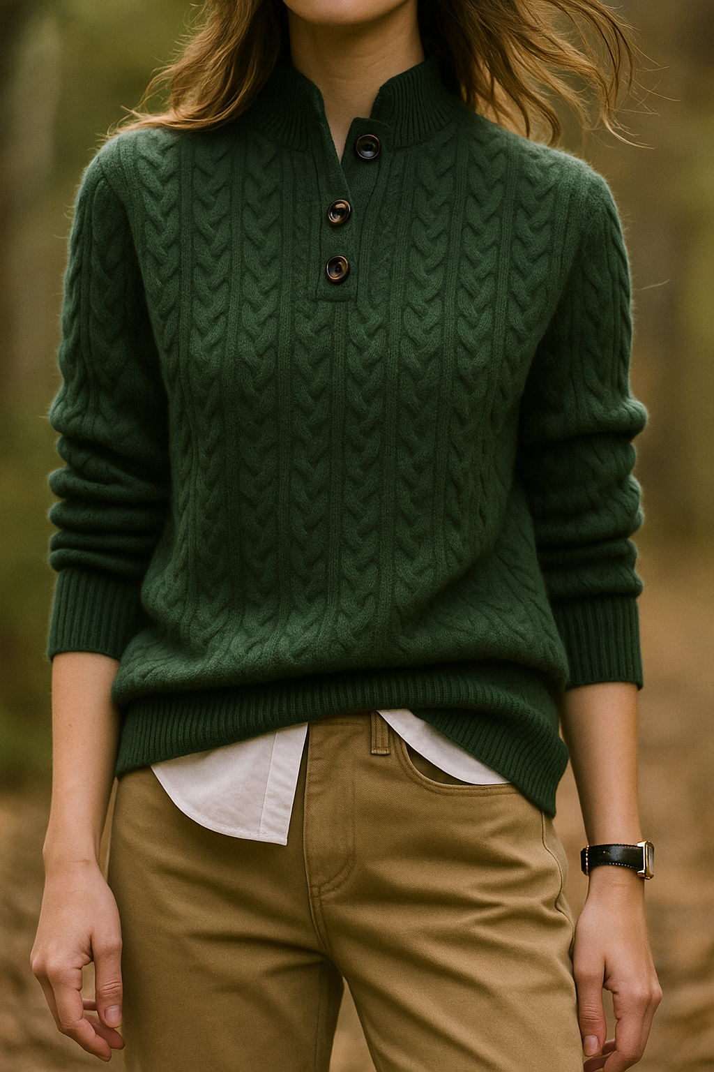 Teresa | Polished Button-Up Cable Knit Sweater with Stand Collar