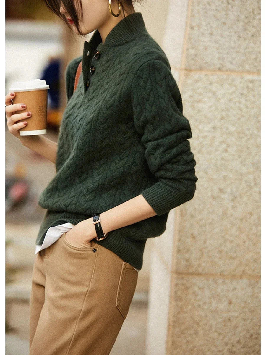Teresa | Polished Button-Up Cable Knit Sweater with Stand Collar