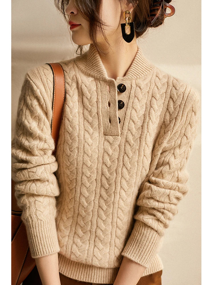 Teresa | Polished Button-Up Cable Knit Sweater with Stand Collar