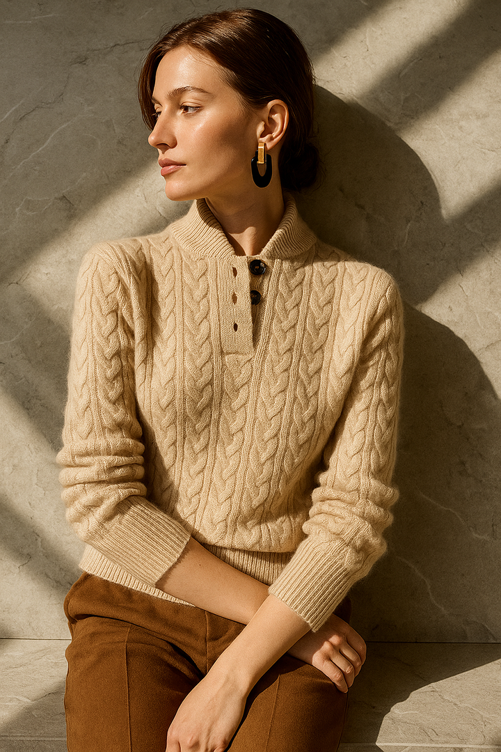 Teresa | Polished Button-Up Cable Knit Sweater with Stand Collar