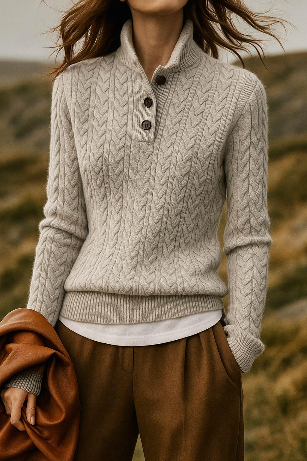 Teresa | Polished Button-Up Cable Knit Sweater with Stand Collar