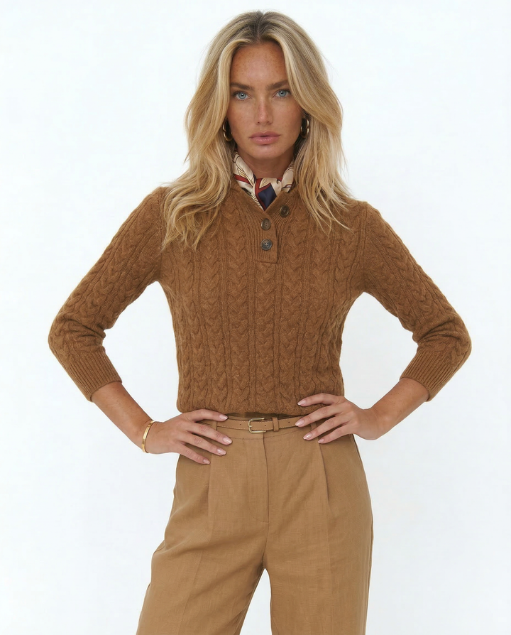 Teresa | Polished Button-Up Cable Knit Sweater with Stand Collar