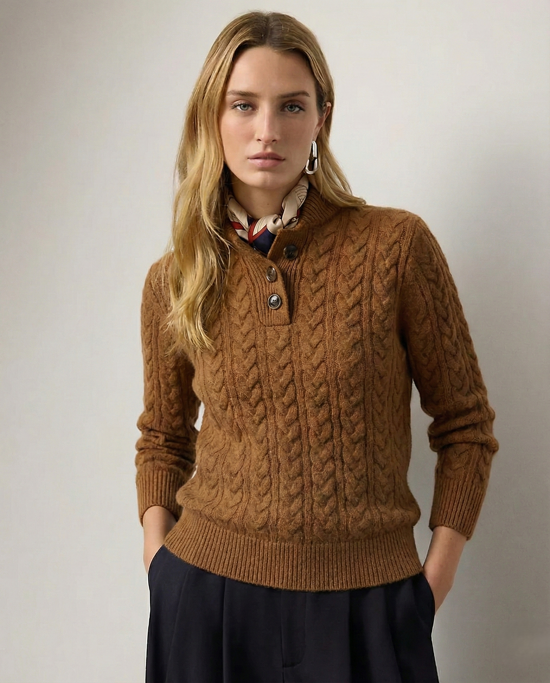 Teresa | Polished Button-Up Cable Knit Sweater with Stand Collar