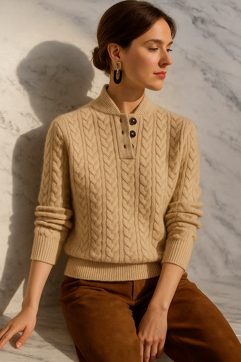 Teresa | Polished Button-Up Cable Knit Sweater with Stand Collar