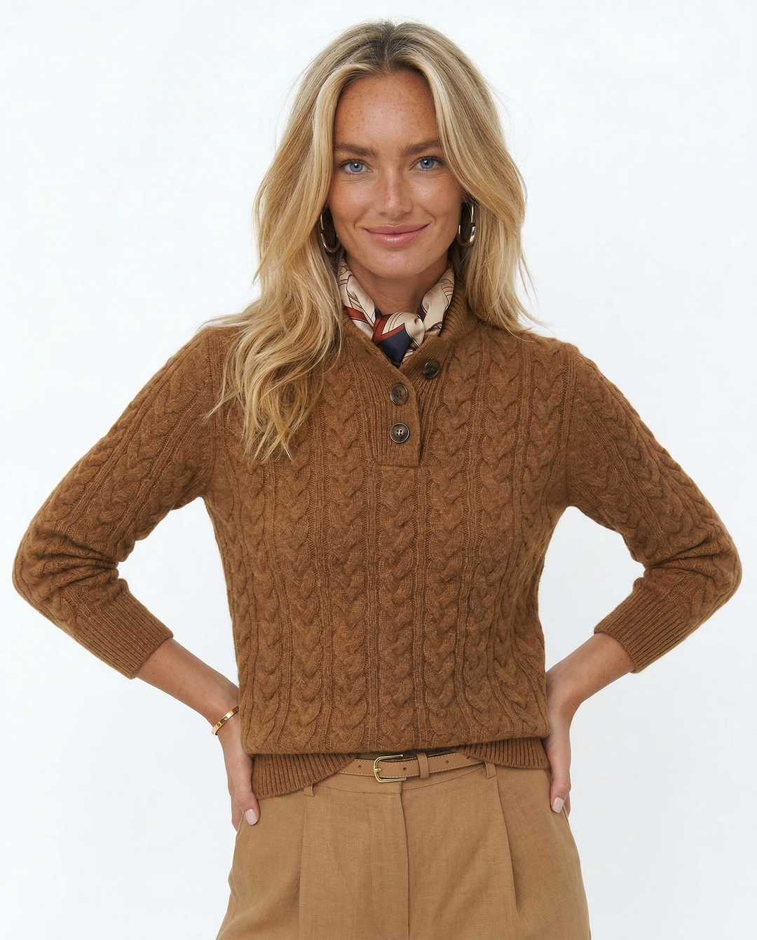 Teresa | Polished Button-Up Cable Knit Sweater with Stand Collar