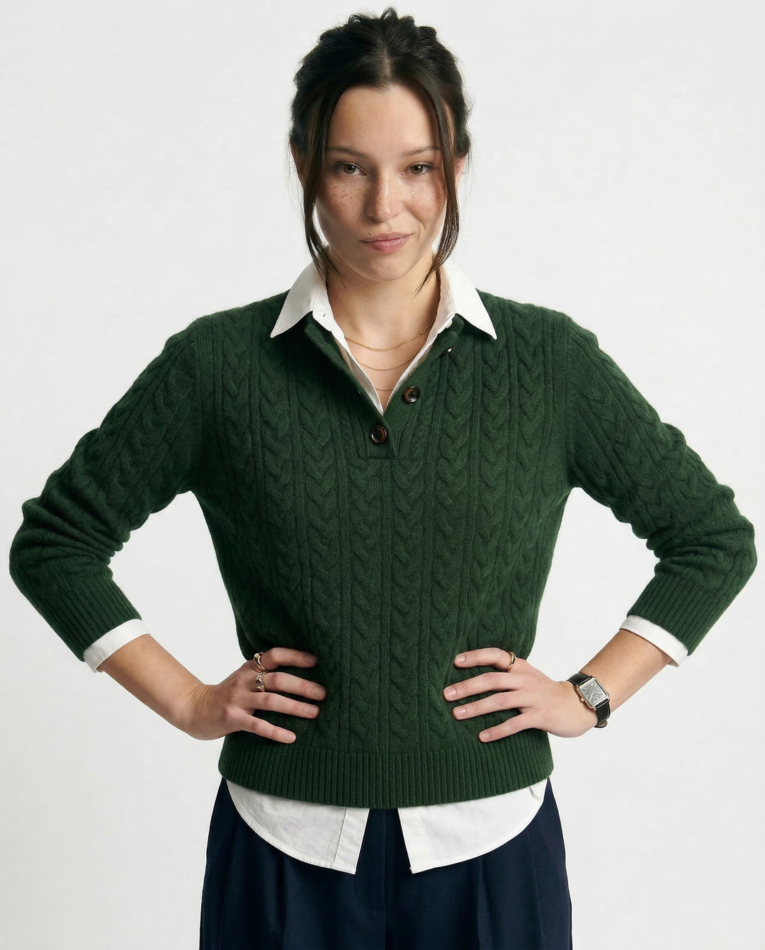 Teresa | Polished Button-Up Cable Knit Sweater with Stand Collar