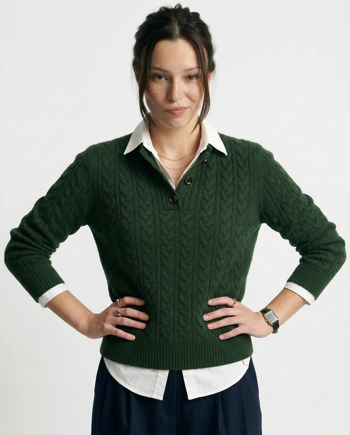 Teresa | Polished Button-Up Cable Knit Sweater with Stand Collar
