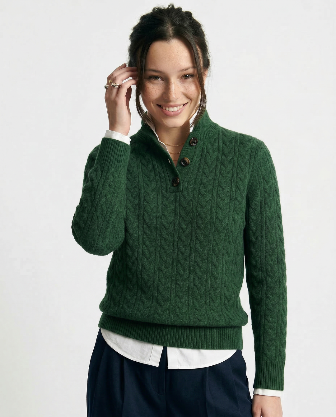 Teresa | Polished Button-Up Cable Knit Sweater with Stand Collar