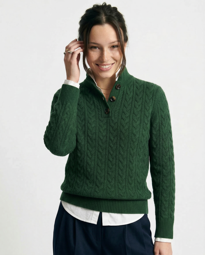 Teresa | Polished Button-Up Cable Knit Sweater with Stand Collar