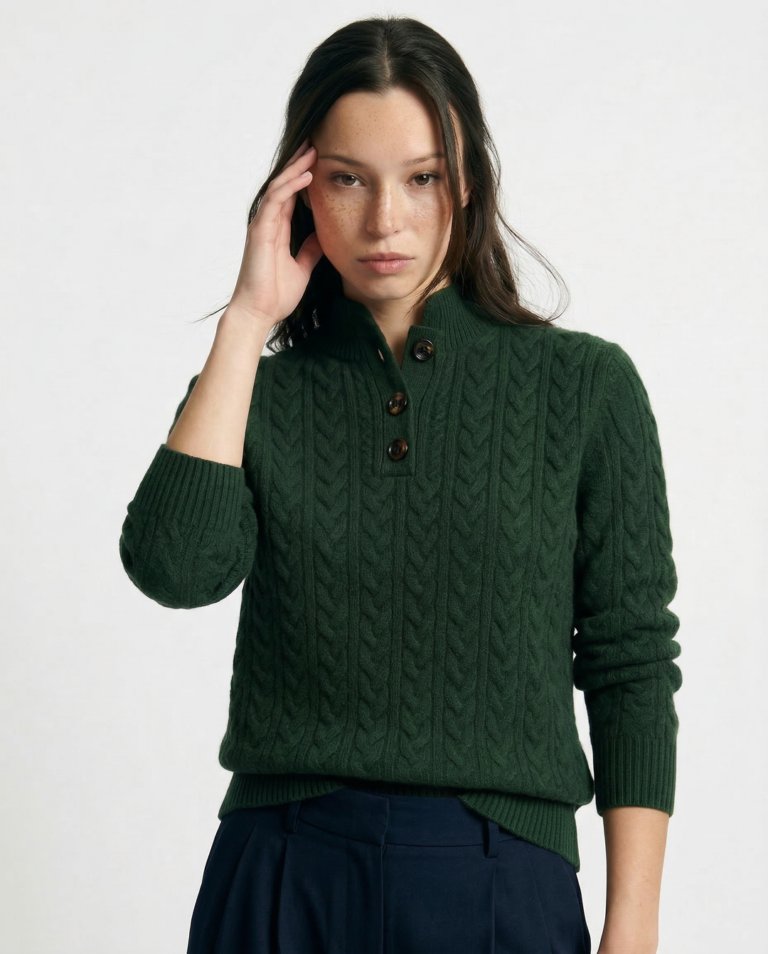 Teresa | Polished Button-Up Cable Knit Sweater with Stand Collar