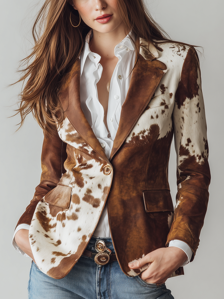 Tiffany | Polished Vintage Cow Print Fitted Blazer