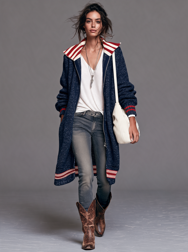 Tiffany | Stylish Striped Longline Zip-Up Cardigan