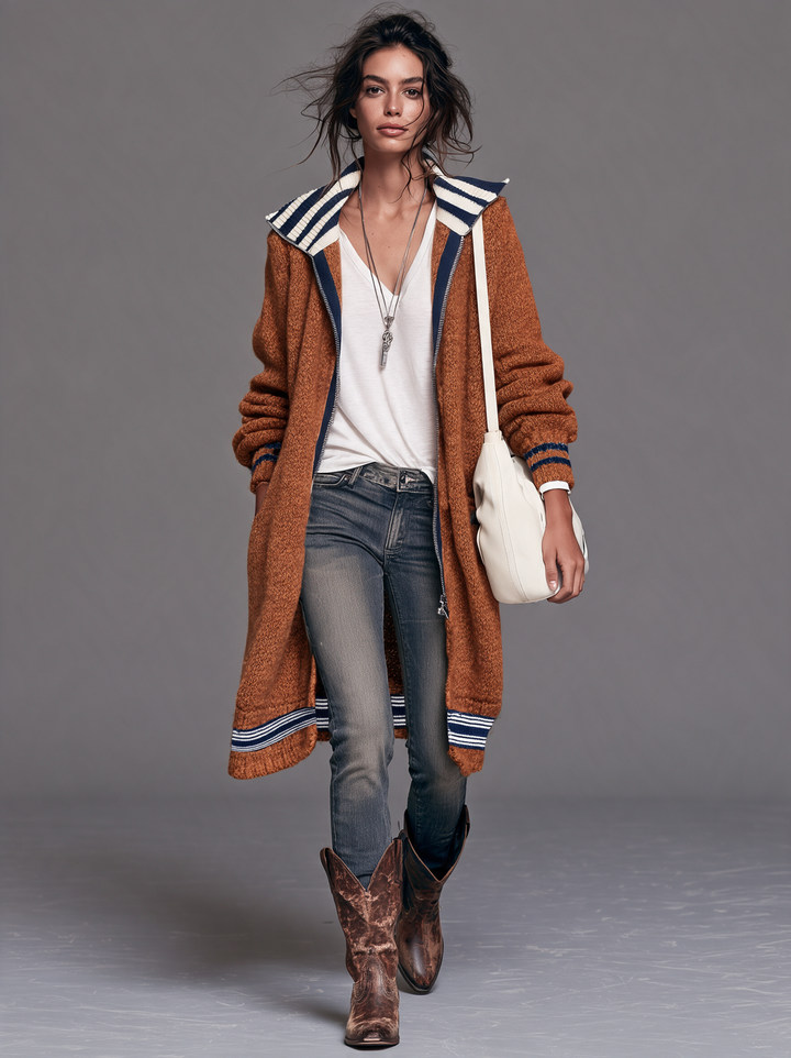 Tiffany | Stylish Striped Longline Zip-Up Cardigan