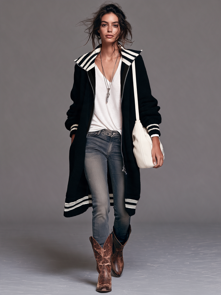 Tiffany | Stylish Striped Longline Zip-Up Cardigan