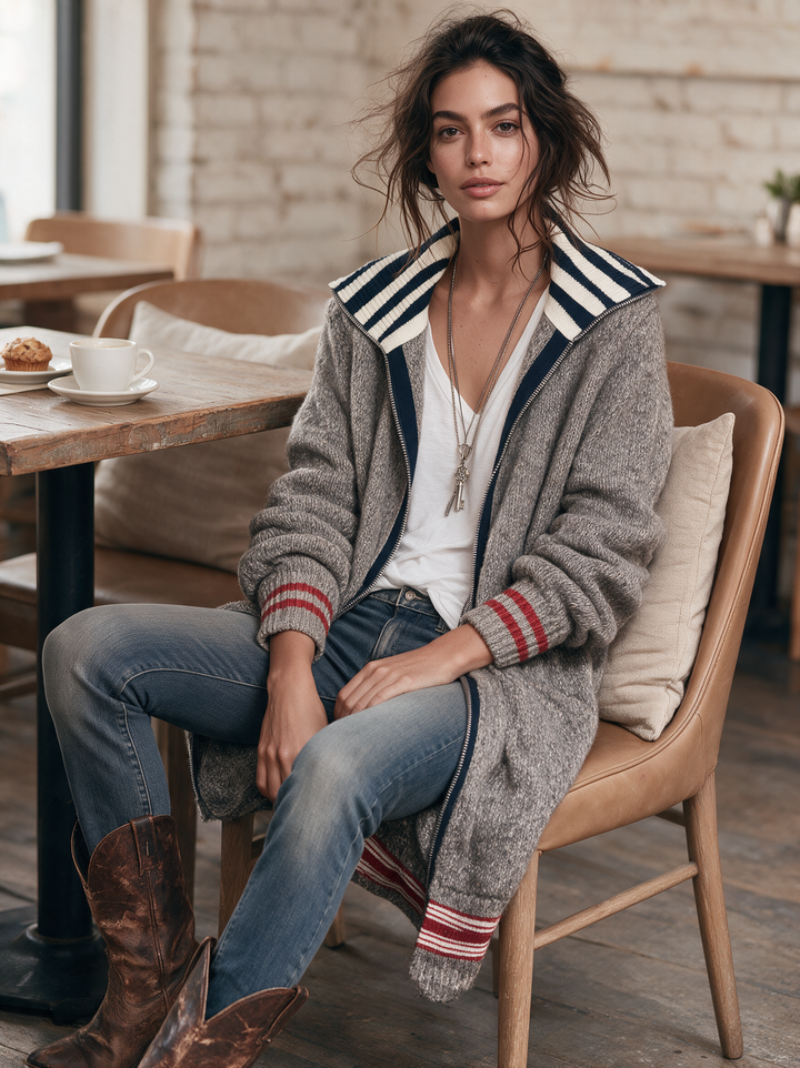 Tiffany | Stylish Striped Longline Zip-Up Cardigan
