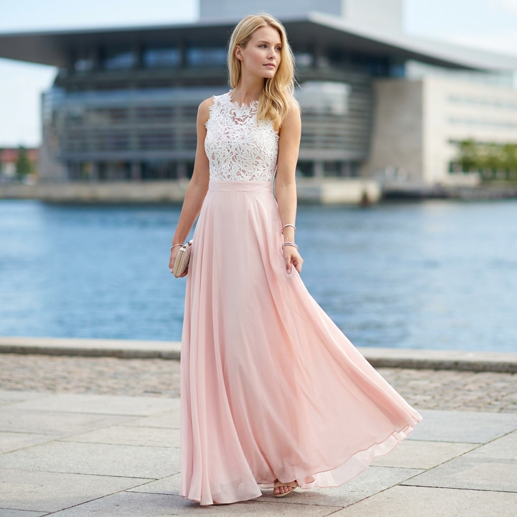 Vera | Ubesværet Kjole til Julefrokost med Blonde Overdel og Maxiskørt