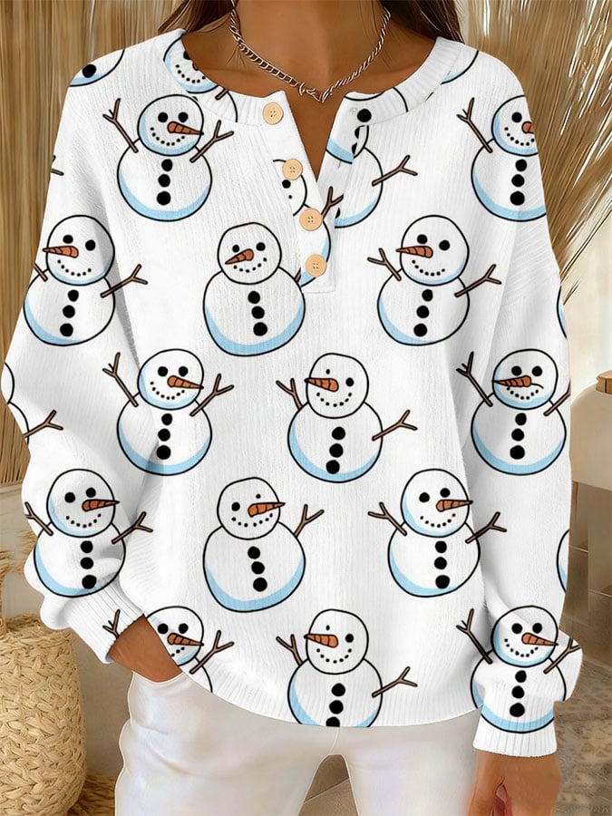 Victoria | Snowman Print Long Sleeve Henley Knit Sweater