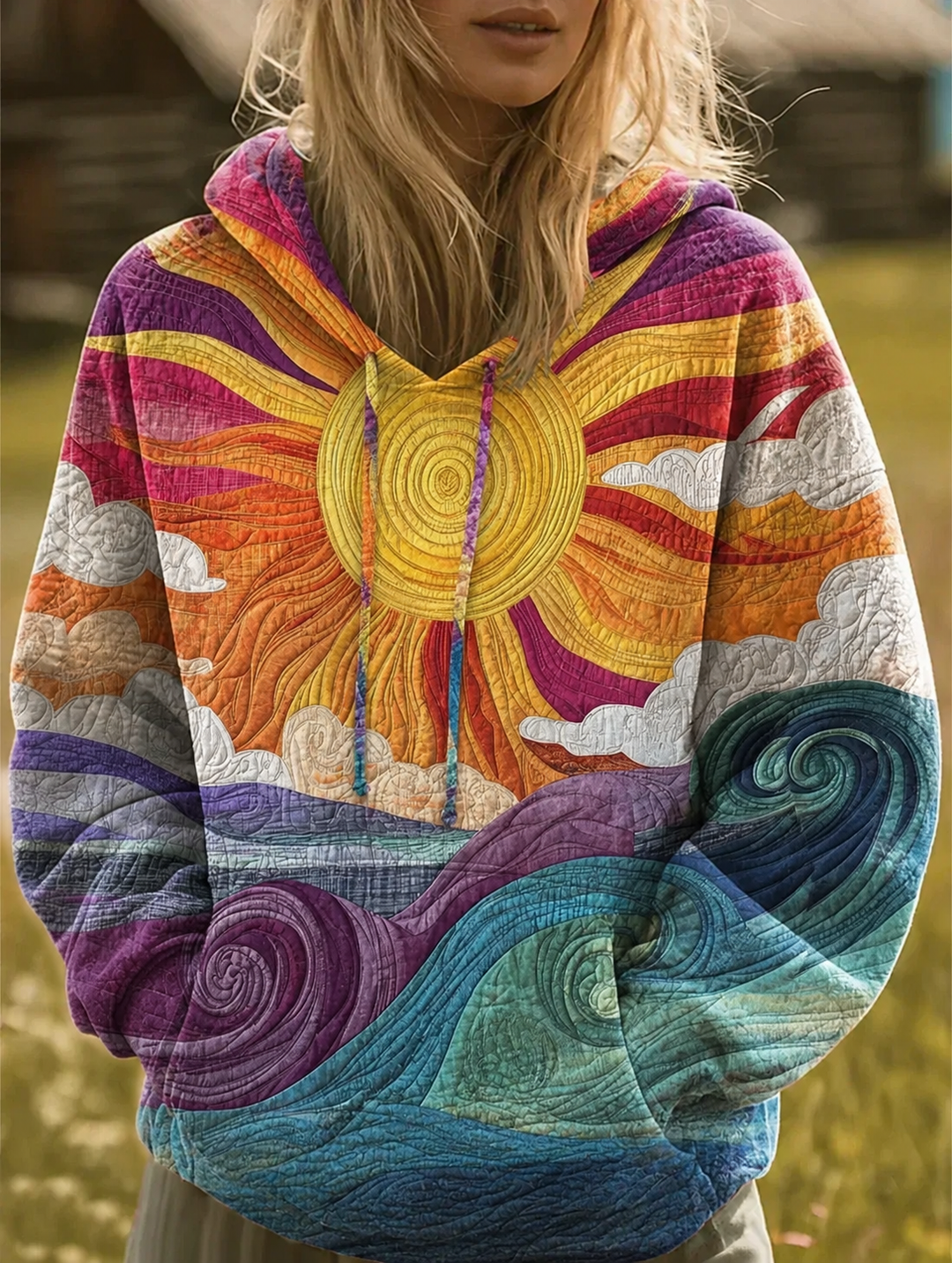 Victoria | Sun and Wave Print Oversized Pullover Hoodie