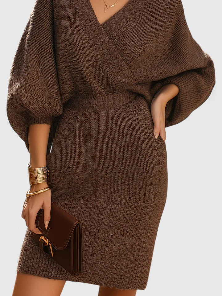 Virginia | Polished V-Neck Wrap-Style Mini Sweater Dress